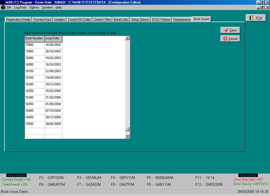 Screen Shot of Book Issue Dates tab within Configuration Editor